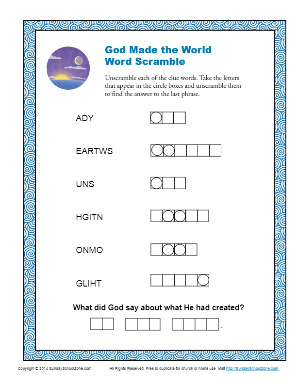 God Made The World Word Scramble Bible Word Exercises For Kids 