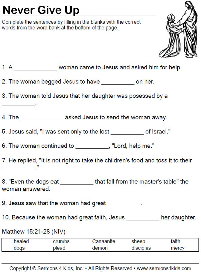 Never Give Up Fill In The Blank Bible Worksheets Bible Questions For 