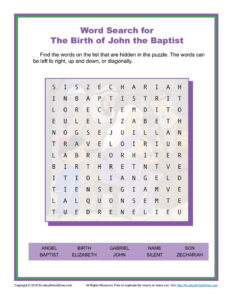 The Birth Of John The Baptist Word Search Children 39 s Bible Activities