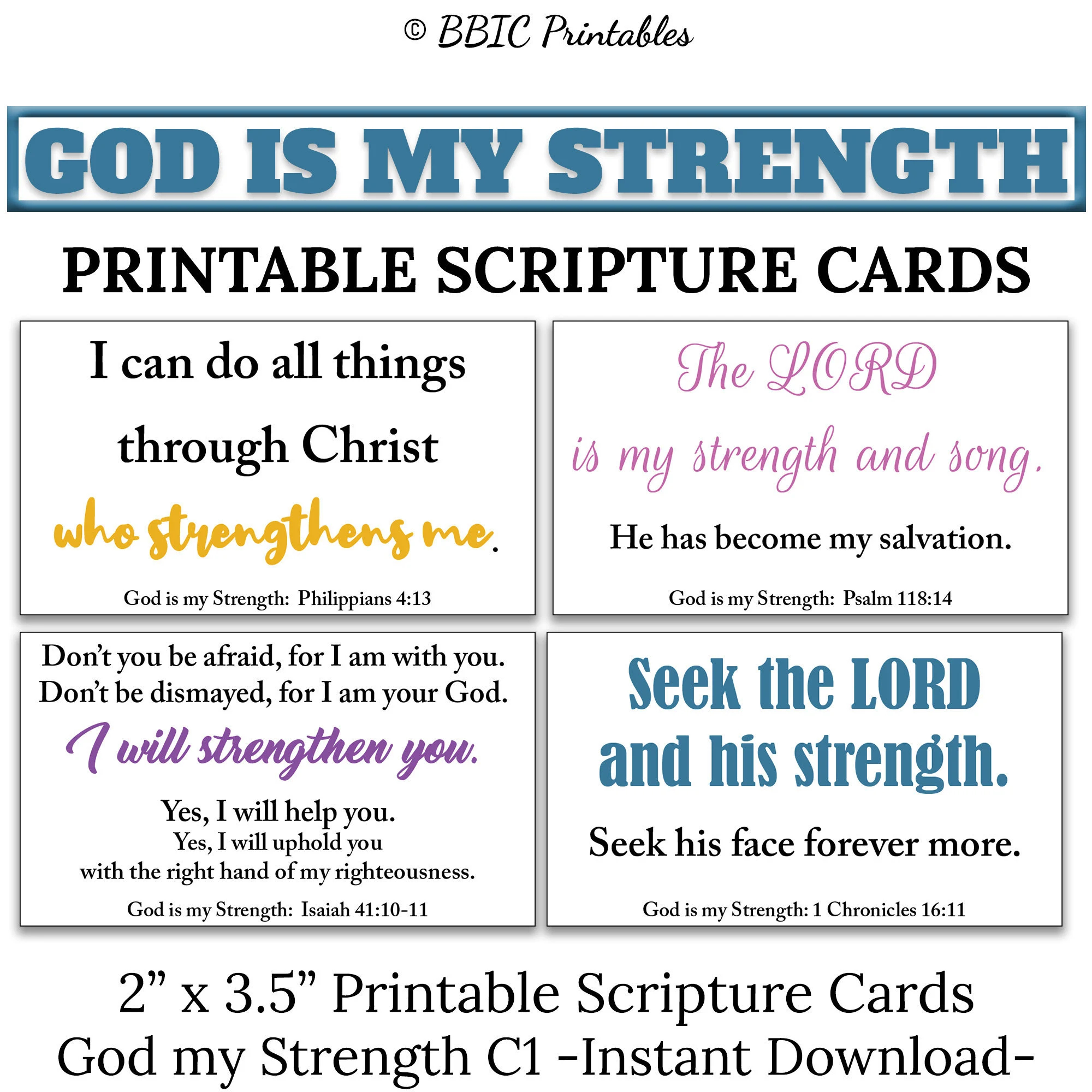10 God Is My Strength Printable Scripture Cards C1 INSTANT DOWNLOAD God Strengthens Me Bible Verses Encouragement DIY Print Mini Card Set Etsy