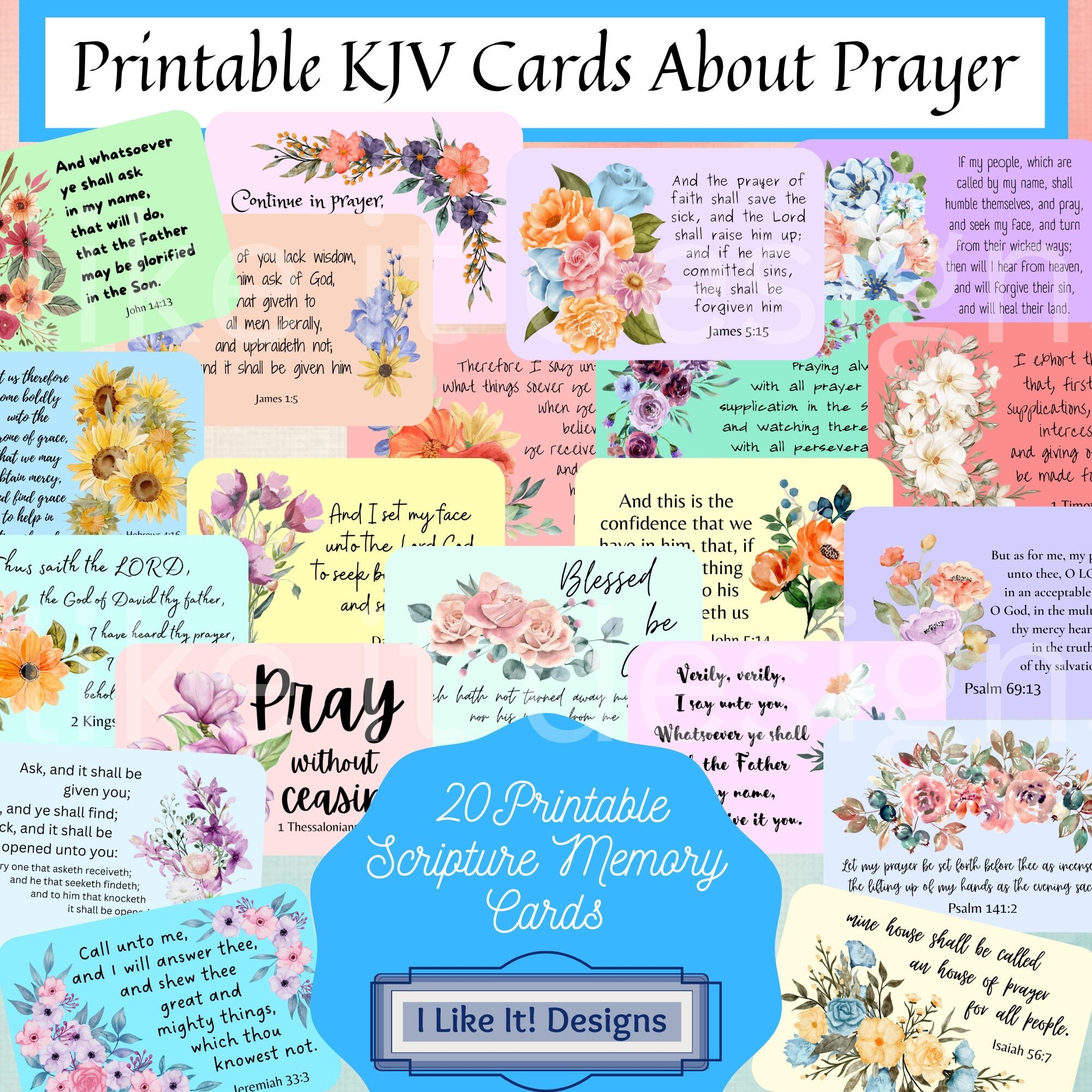 20 KJV Prayer Bible Verse Printable Cards printable Scripture Note Cards Bookmarks scripture Memorization bible Journaling watercolor Etsy