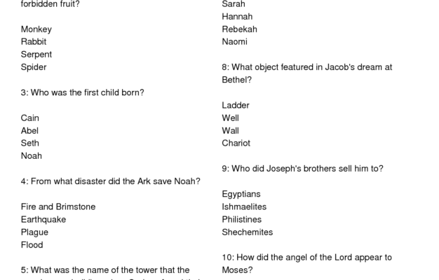 301 Bible Trivia Questions Answers free Download Sunday Worksheets Library