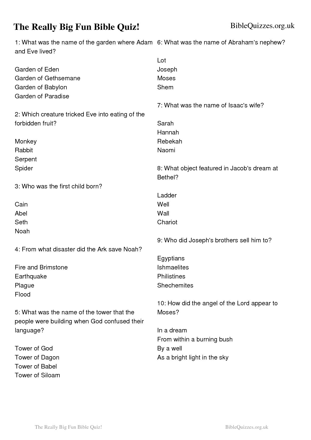 301 Bible Trivia Questions Answers free Download Sunday Worksheets Library