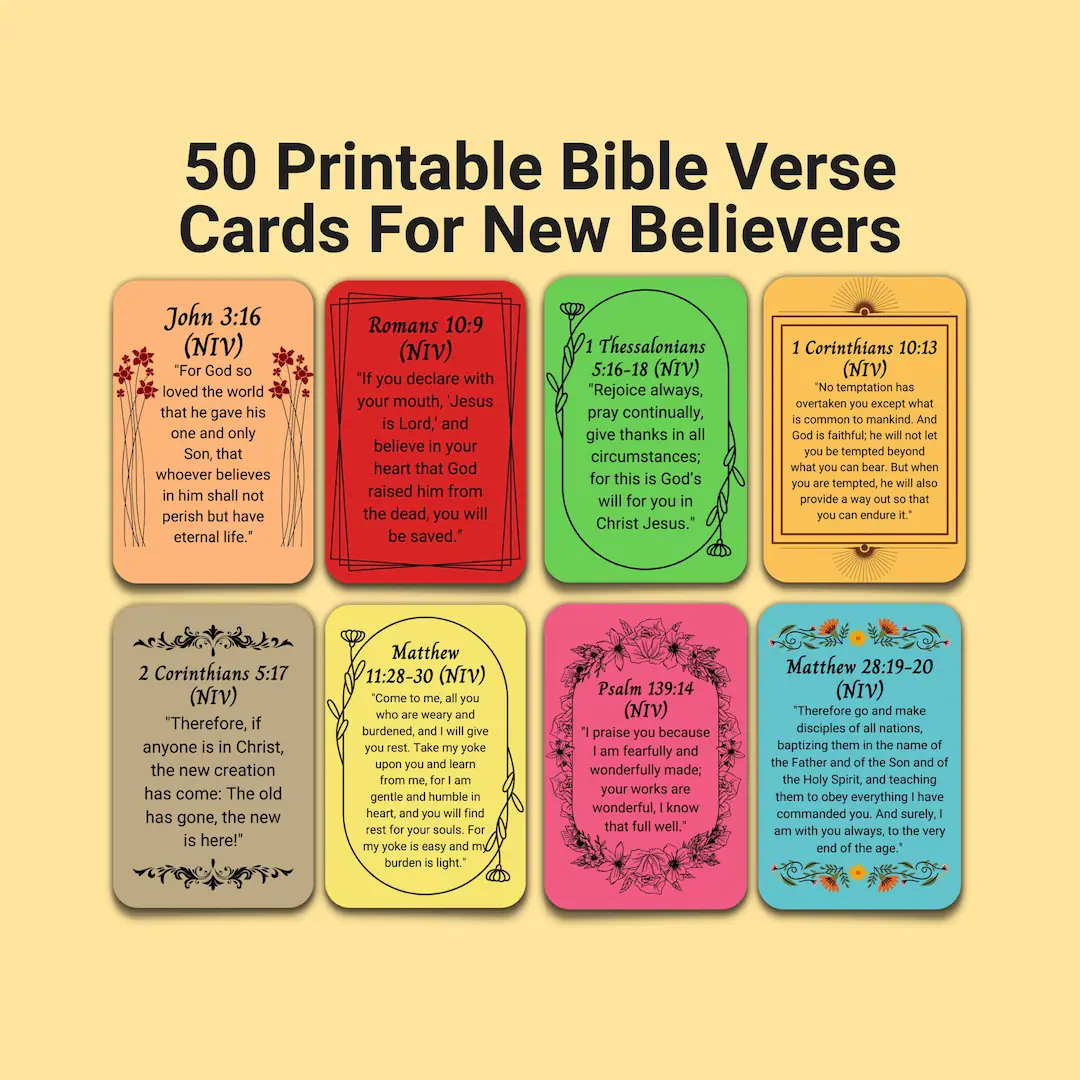50 Printable Bible Verse Cards For New Believers Bible Study Tools Memory Verse Flash Cards Bible Affirmations Christian Gift For Women Etsy