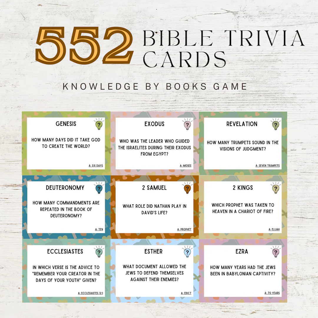 552 Bible Trivia Cards Bible Trivia Questions Bible Trivia Knowledge By Books Game Church Bible Games Printable Christian Games Etsy