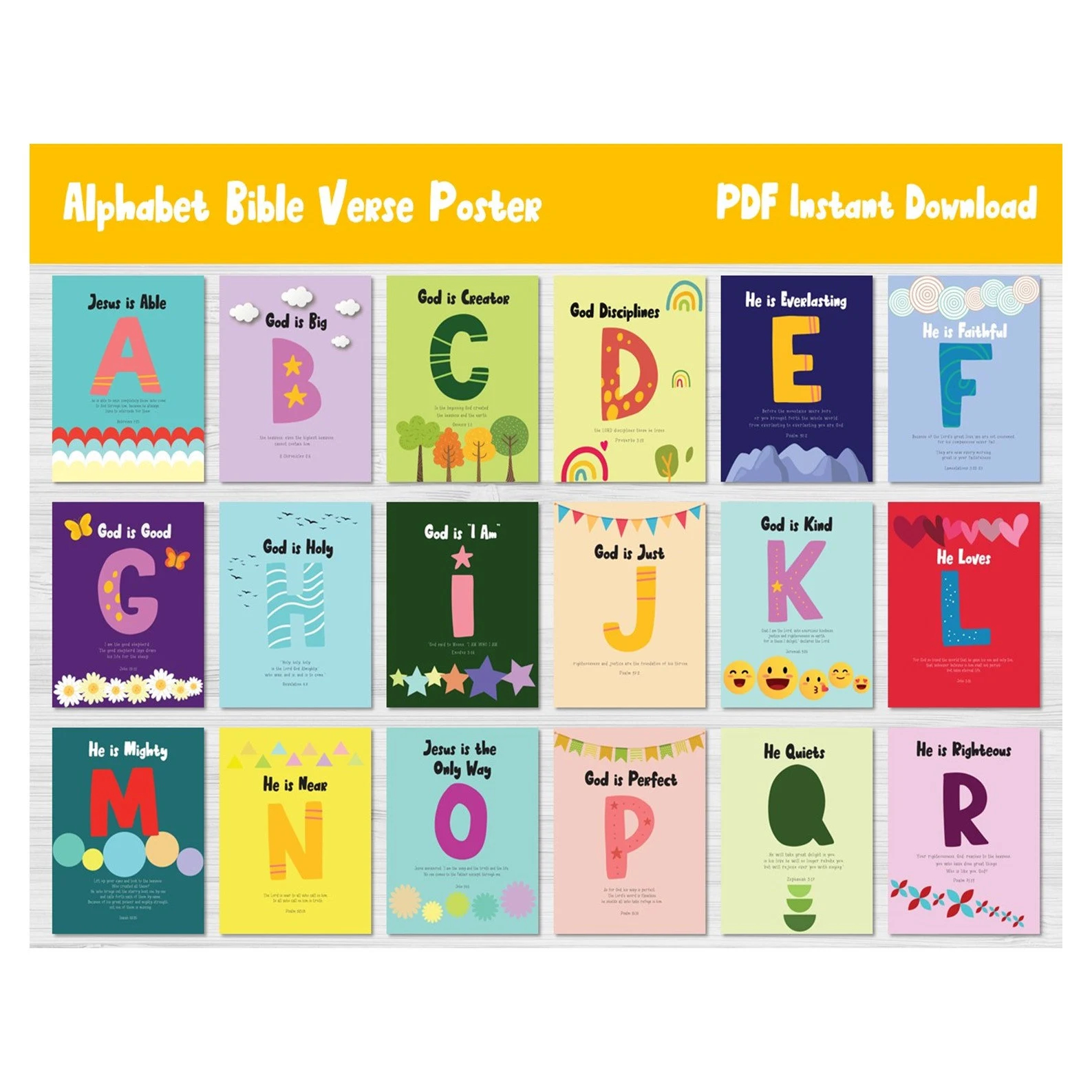 ABC Alphabet Bible Verse Poster christian Scripture Wall Art god Decor Printable church Sunday School Bulletin Board preschool homeschool 84 Etsy