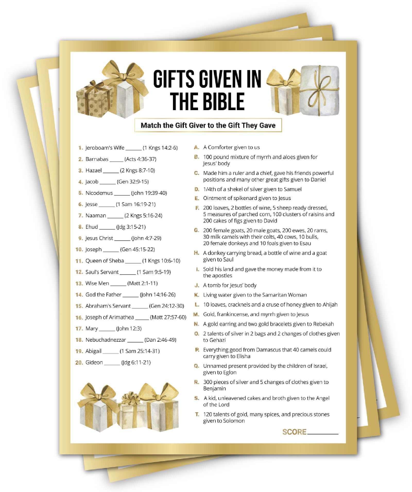 Amazon 15 Gifts Given In The Bible Match Trivia Game For Adults Teens Church Activity Or Christmas Games Youth Group Women Or Mens KJV Study Home Kitchen