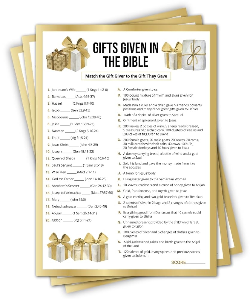 Amazon 15 Gifts Given In The Bible Match Trivia Game For Adults Teens Church Activity Or Christmas Games Youth Group Women Or Mens KJV Study Home Kitchen