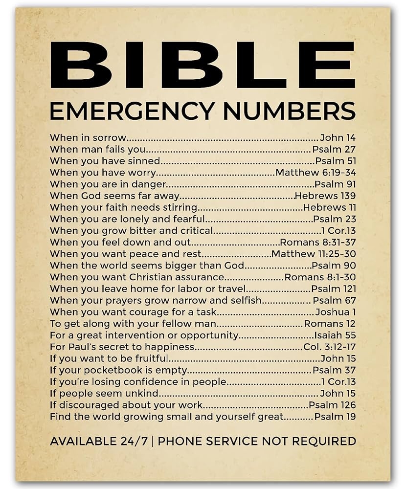 Amazon Bible Emergency Numbers Christian Wall Decor Print Vintage Inspirational Faith Art For Living Room Office Church Or Room Decor Unframed 11 X 14 Inches Home Kitchen