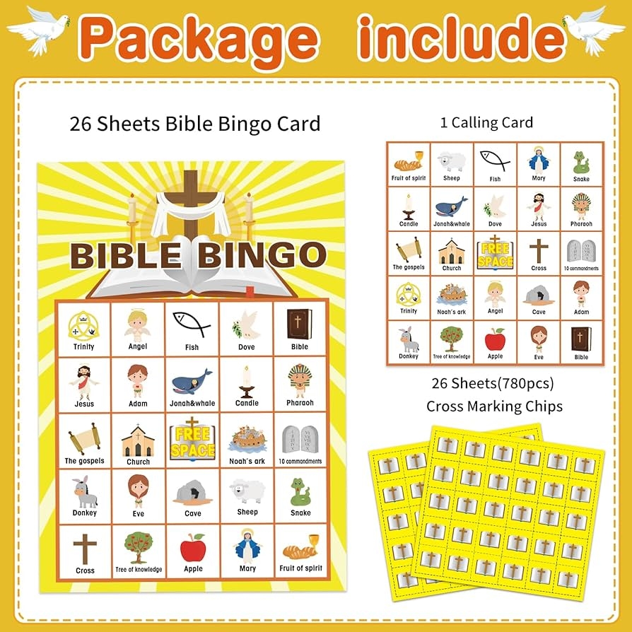 Amazon FLYAB Bible Bingo Game For Kids Adults 26 Players Christian Bible Bingo Cards Religious Bible Activities Games For Vacation Bible School Sunday Church Family Open Day Holiday Party Supplies