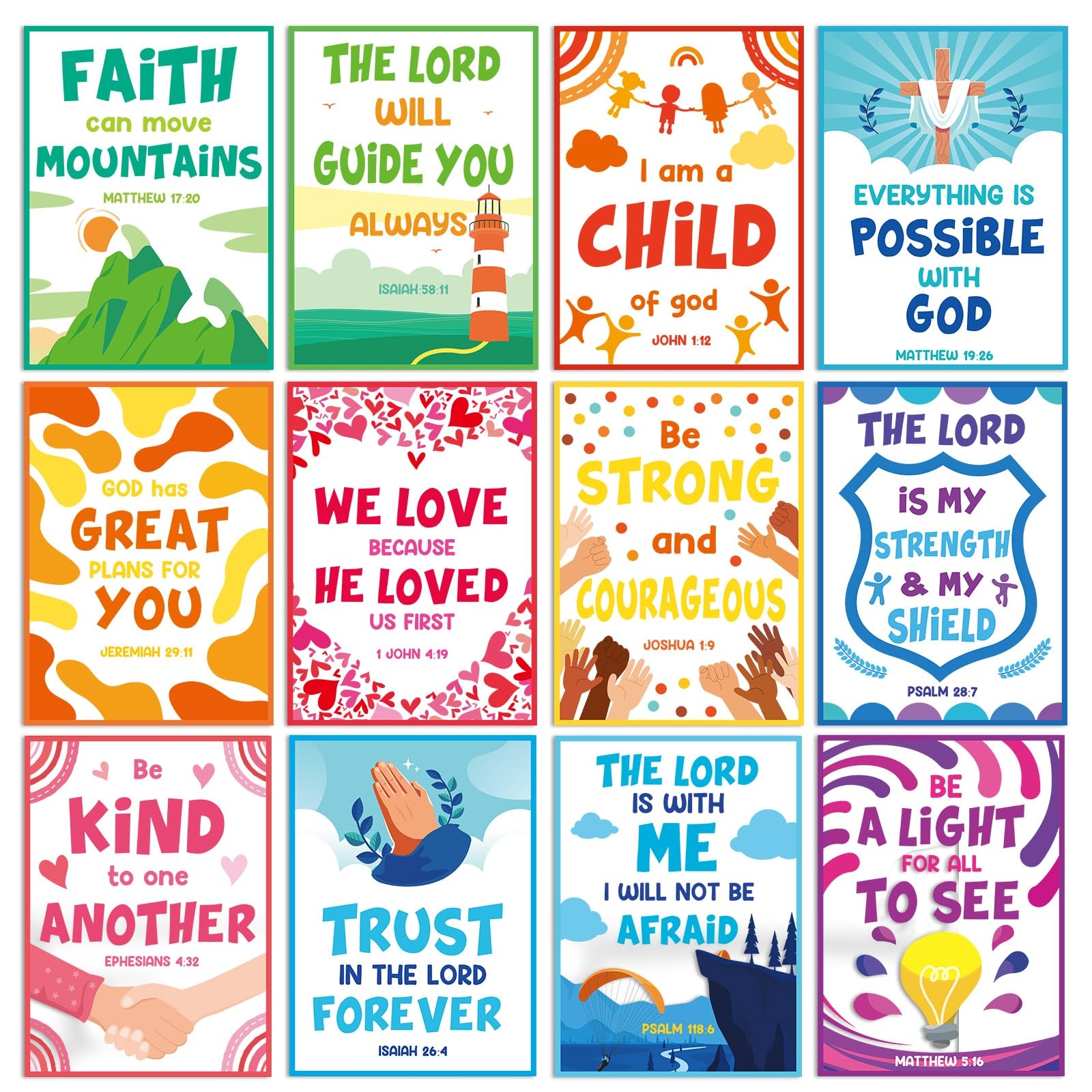 Amazon Gisgfim 12 Pcs Kids Ministry Bible Quotes Posters For Sunday School Lessons Educational Wall Art Decorations For Classroom Motivational Religious Bulletin Board Chart For VBS Elementary Middle School Office Products