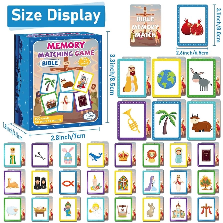 Amazon Gisgfim 50 Pairs Memory Matching Game Bible Concentration Memory Card Games For Kids Educational A Fun Fast Christian Bible VBS 2025 Easter Biblical Theme Matching Games Toys Games