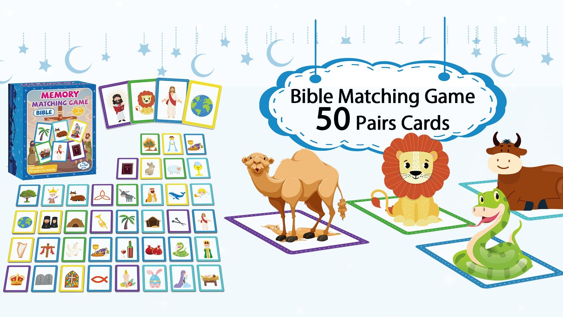 Amazon Gisgfim 50 Pairs Memory Matching Game Bible Concentration Memory Card Games For Kids Educational A Fun U0026 Fast Christian Bible VBS 2025 Easter Biblical Theme Matching Games Toys U0026 Games