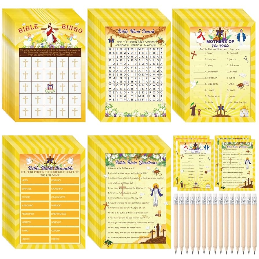Amazon Pasimy 149 Pcs Bible Trivia Game 25 Players Christian Party Games Religious Trivia Word Search Scramble Bingo Paper Cards For Easter Vacation Bible School Sunday Church Family Open Day Supplies 