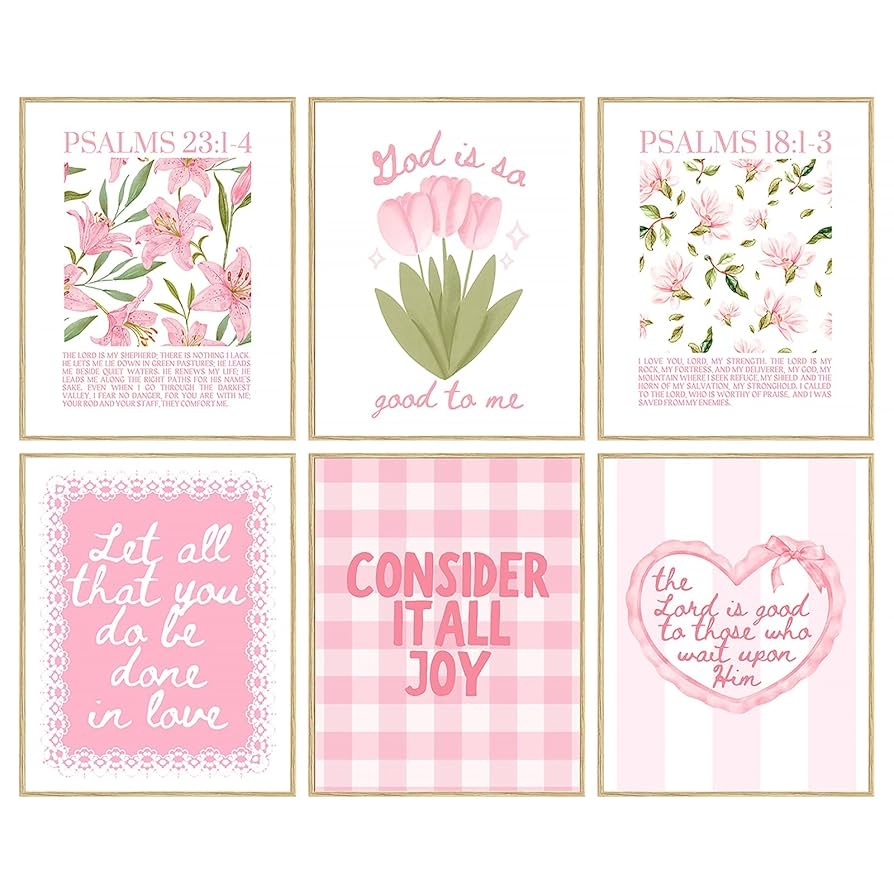 Amazon Pink Bible Verse Wall Art Set Of 6 Religious Preppy Wall Decor Christian Floral Room Decor For Girls Scripture Cute Posters For Bedroom Christian Paintings Jesus Canvas Print 8x10 Inch Unframed 