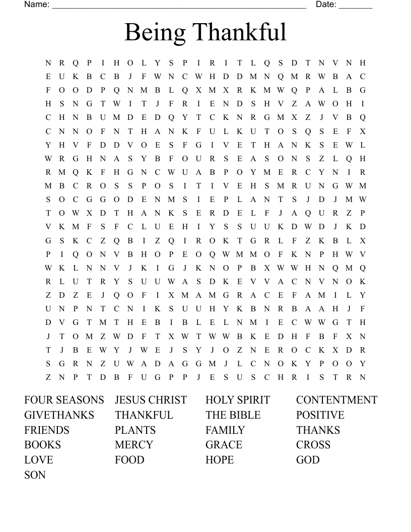 Being Thankful Word Search WordMint