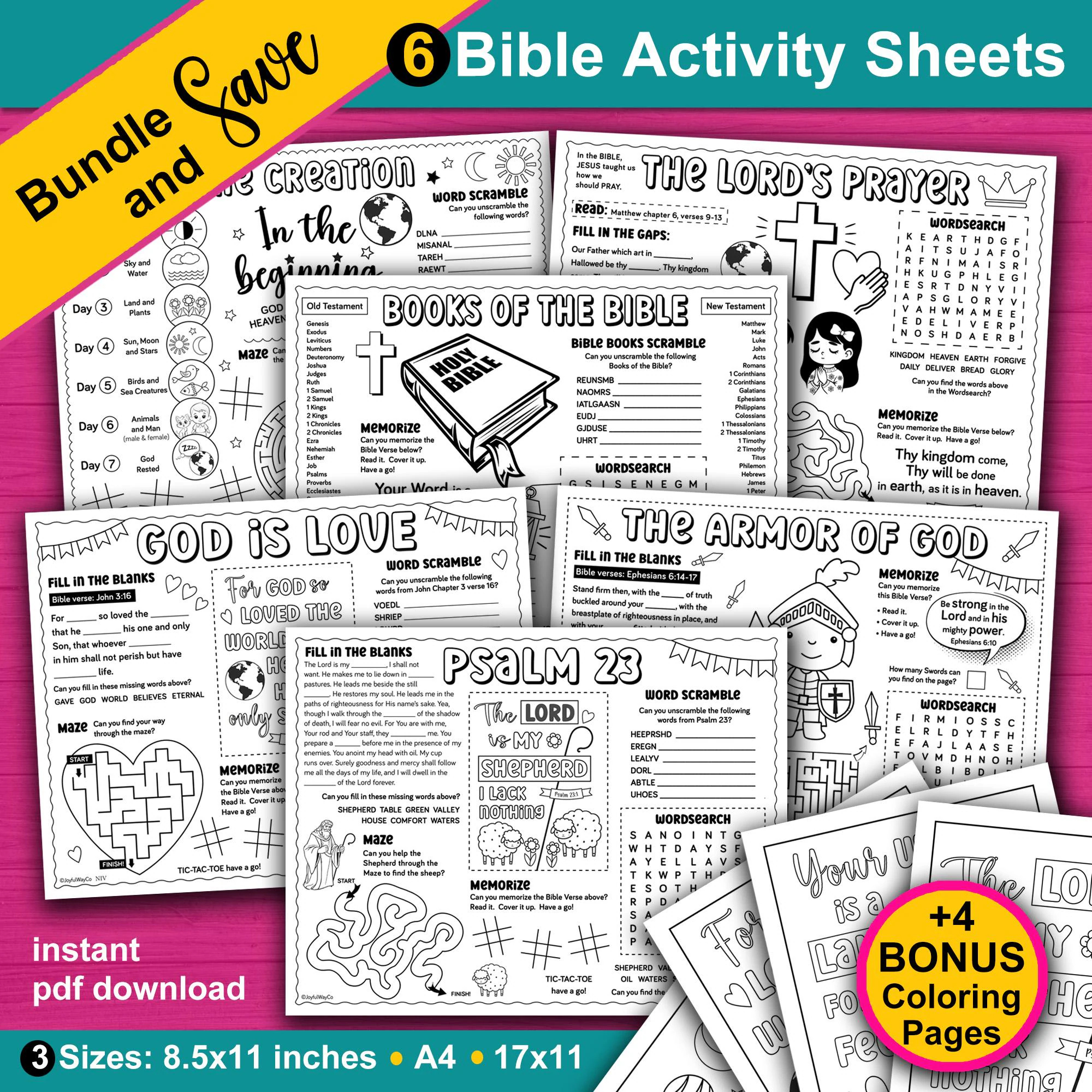 Bible Activity Sheets Bundle 6 Christian Bible Activity Placemats For Kids Sunday School Kids Church Homeschool Activities Etsy