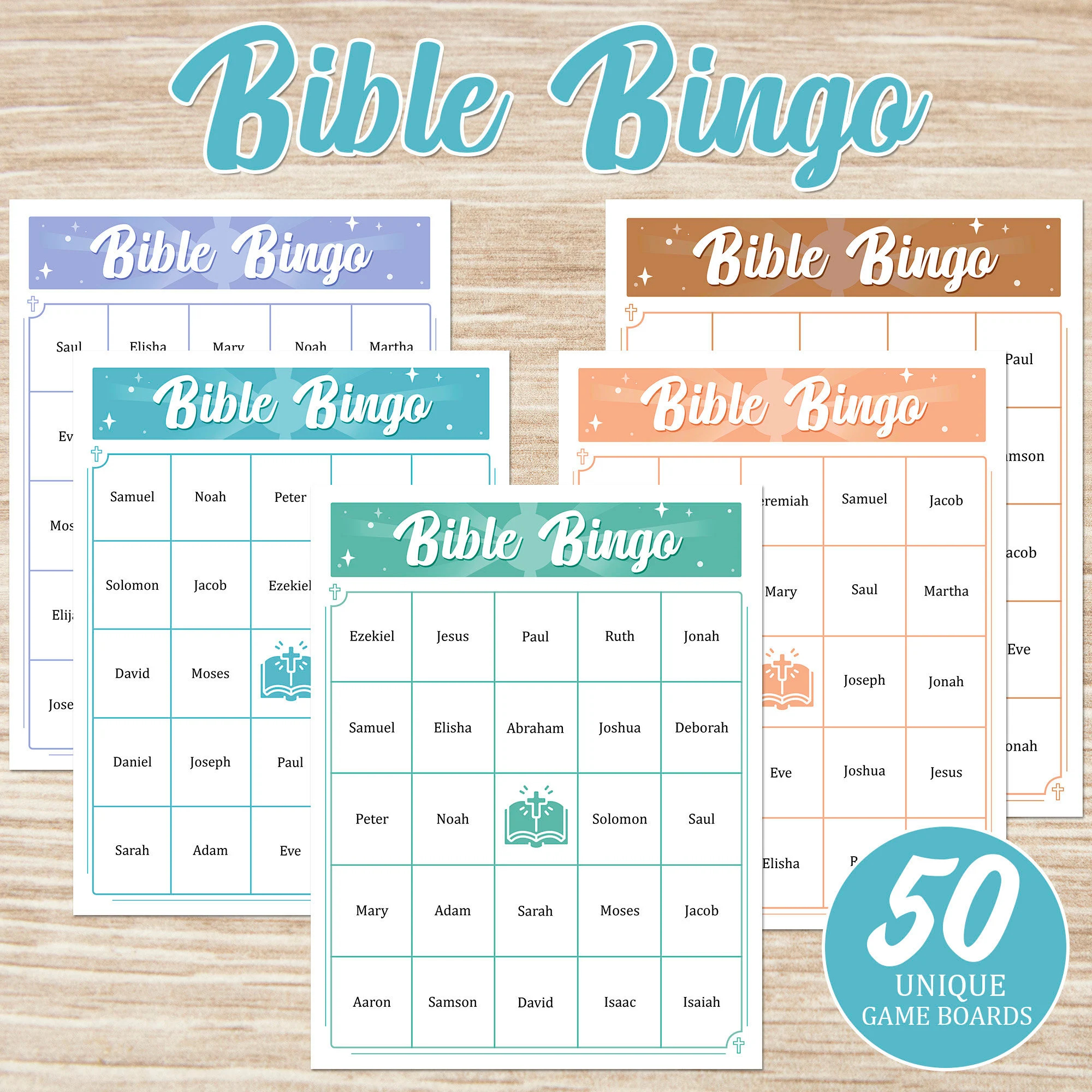 Bible Bingo Printable Game 50 Cards With Bible Characters Christian Bingo For Kids And Adults Etsy