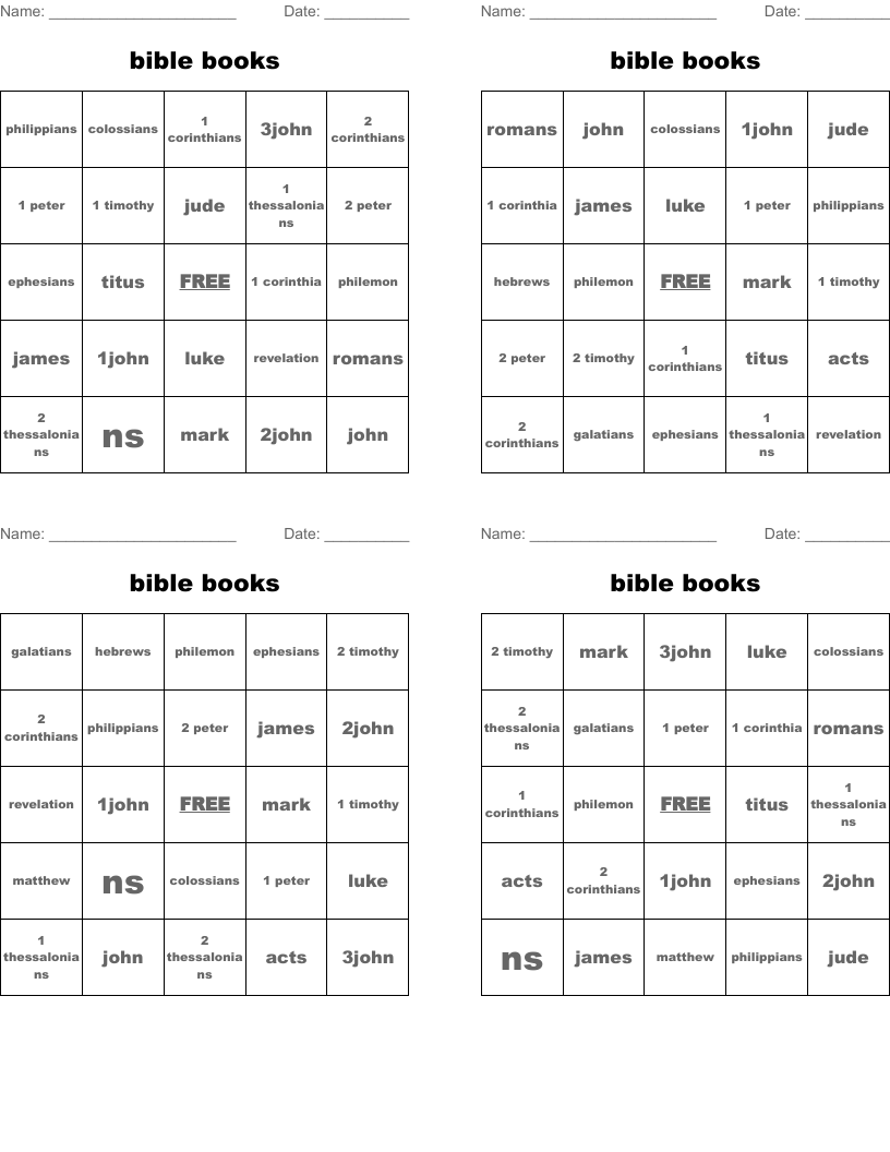 Bible Books Bingo Cards WordMint