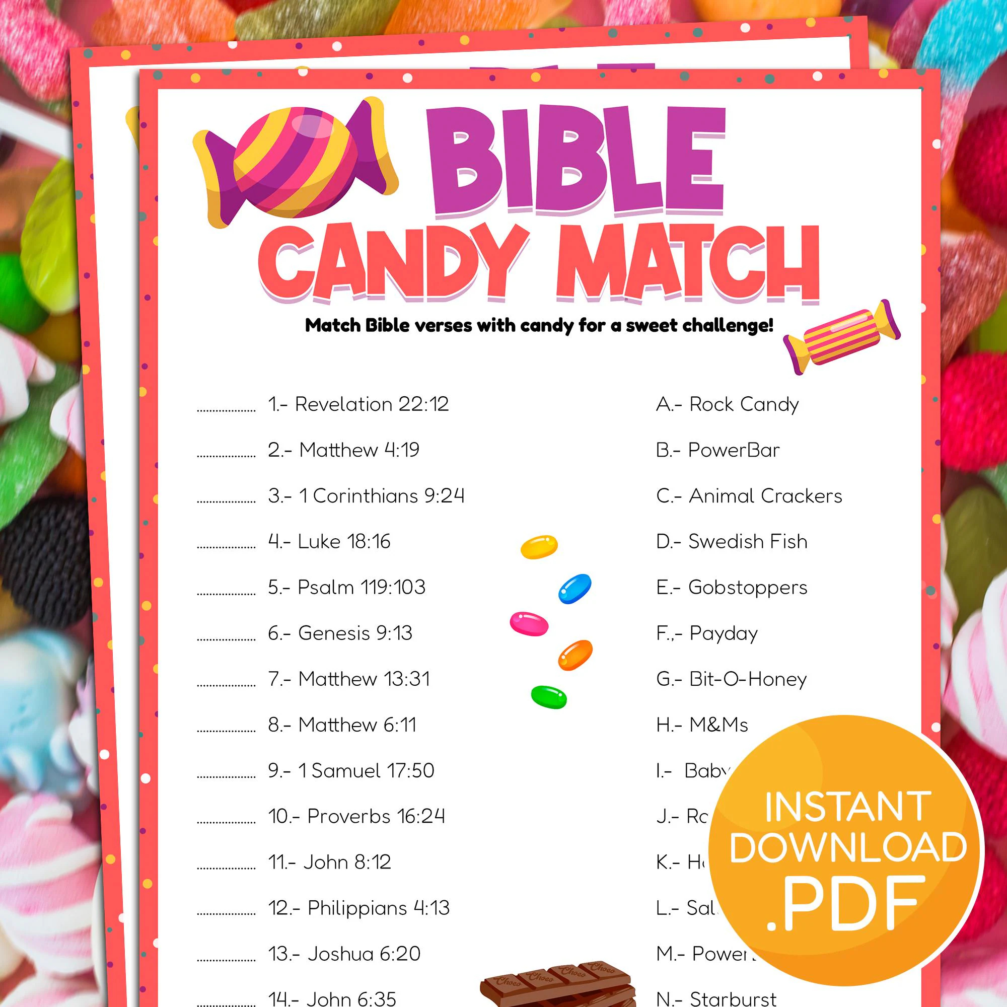 Bible Candy Match Game Fun Bible Matching Game Printable Bible Game For Kids U0026 Adults Christian Church Party Game Etsy