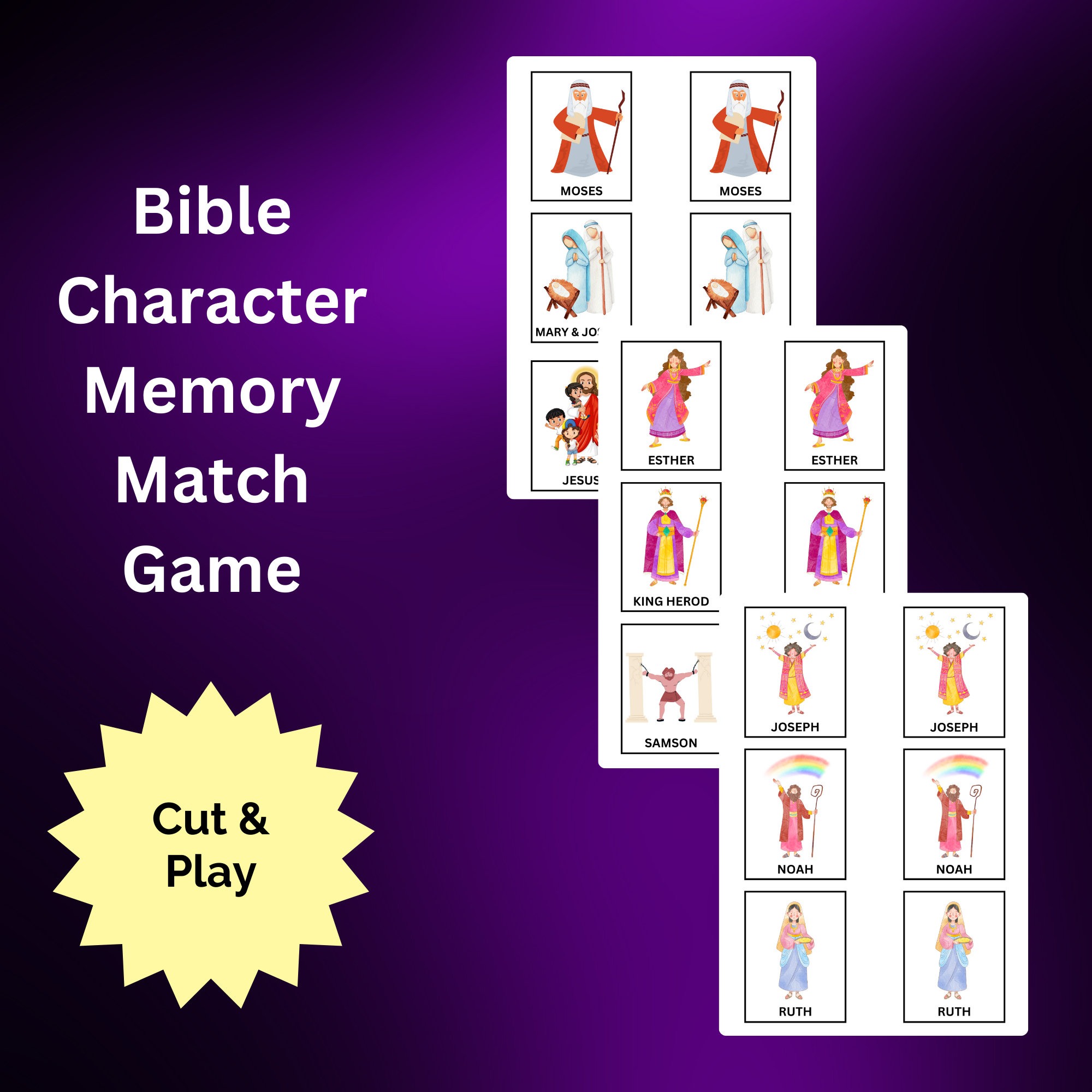 Bible Character Memory Match Game Biblical Printable Cards Kids Bible Lesson PDF Sunday School Activity Christian Adult Game A4 Sheets Etsy