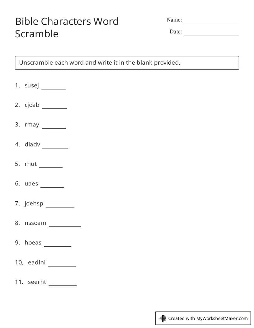 Bible Characters Word Scramble My Worksheet Maker Create Your Own Worksheets