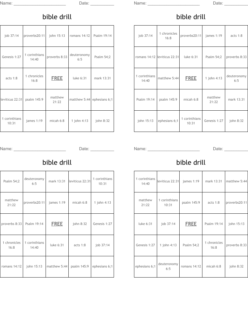 Bible Drill Bingo Cards WordMint