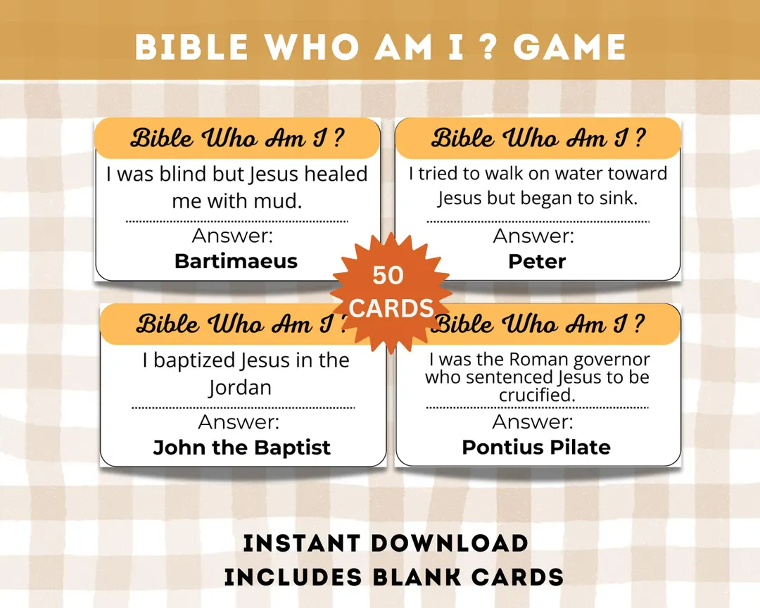 Bible Game Who Am I Game Printable Cards 50 Unique Bible Character Clues For Kids Sunday School Activity Christian Classroom Game Etsy