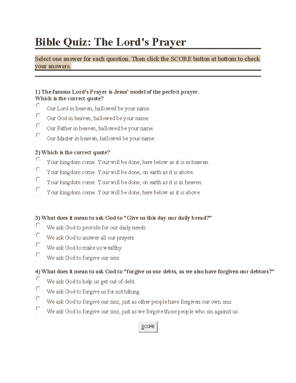 Bible Quiz The Lord s Prayer Response Options Studocu