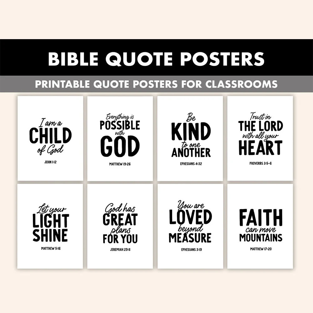 Bible Quote Posters 8 Inspirational Bible Verse Wall Art For Classroom Black And White Christian Prints Classroom Bible Quotes Etsy
