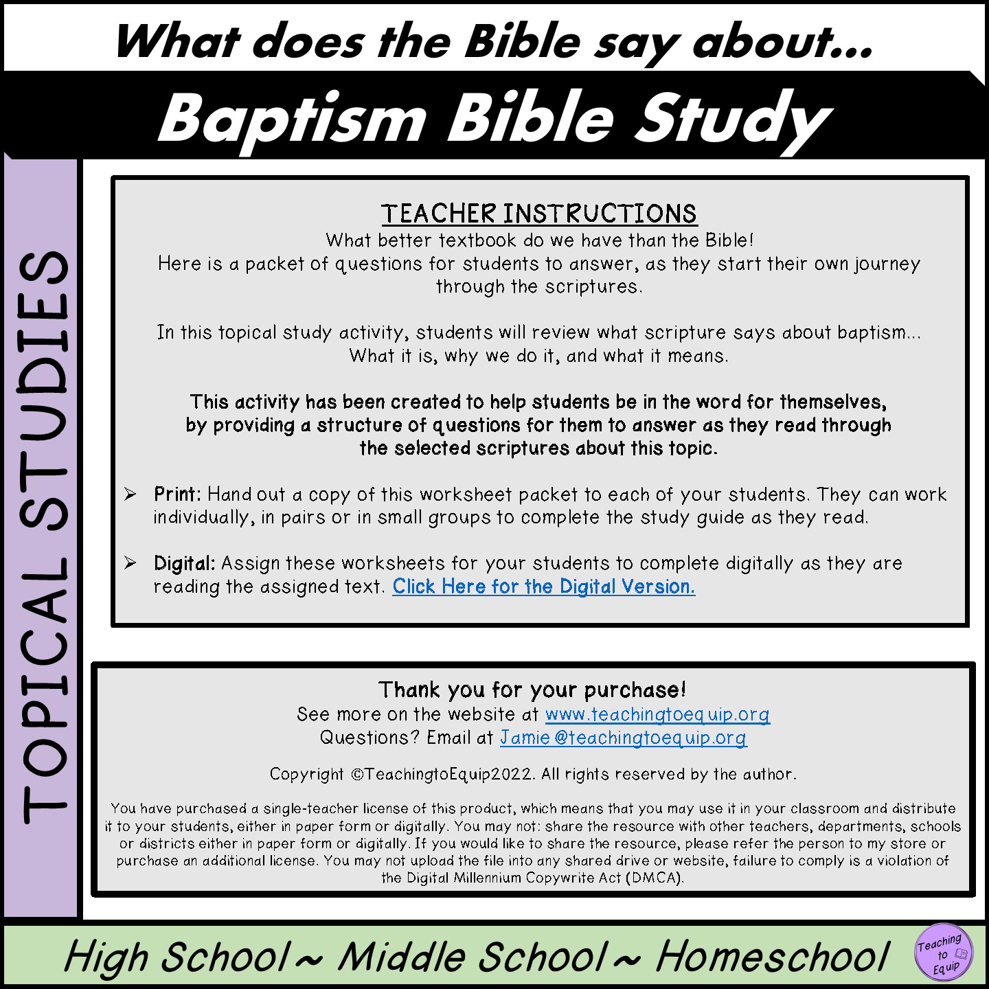 Bible Study Baptism Topical Questions Worksheets Middle High School Classful