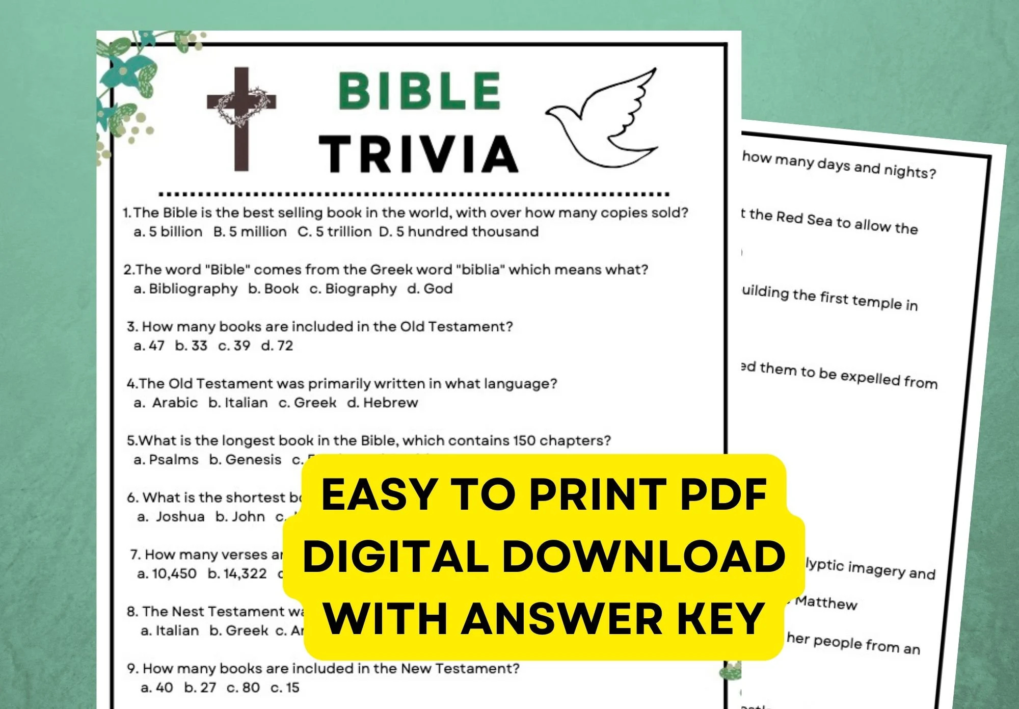 Bible Trivia Game Instant Digital Download PDF Printable 23 Questions 2 Pages Plus An Answer Key Great For Parties Etsy