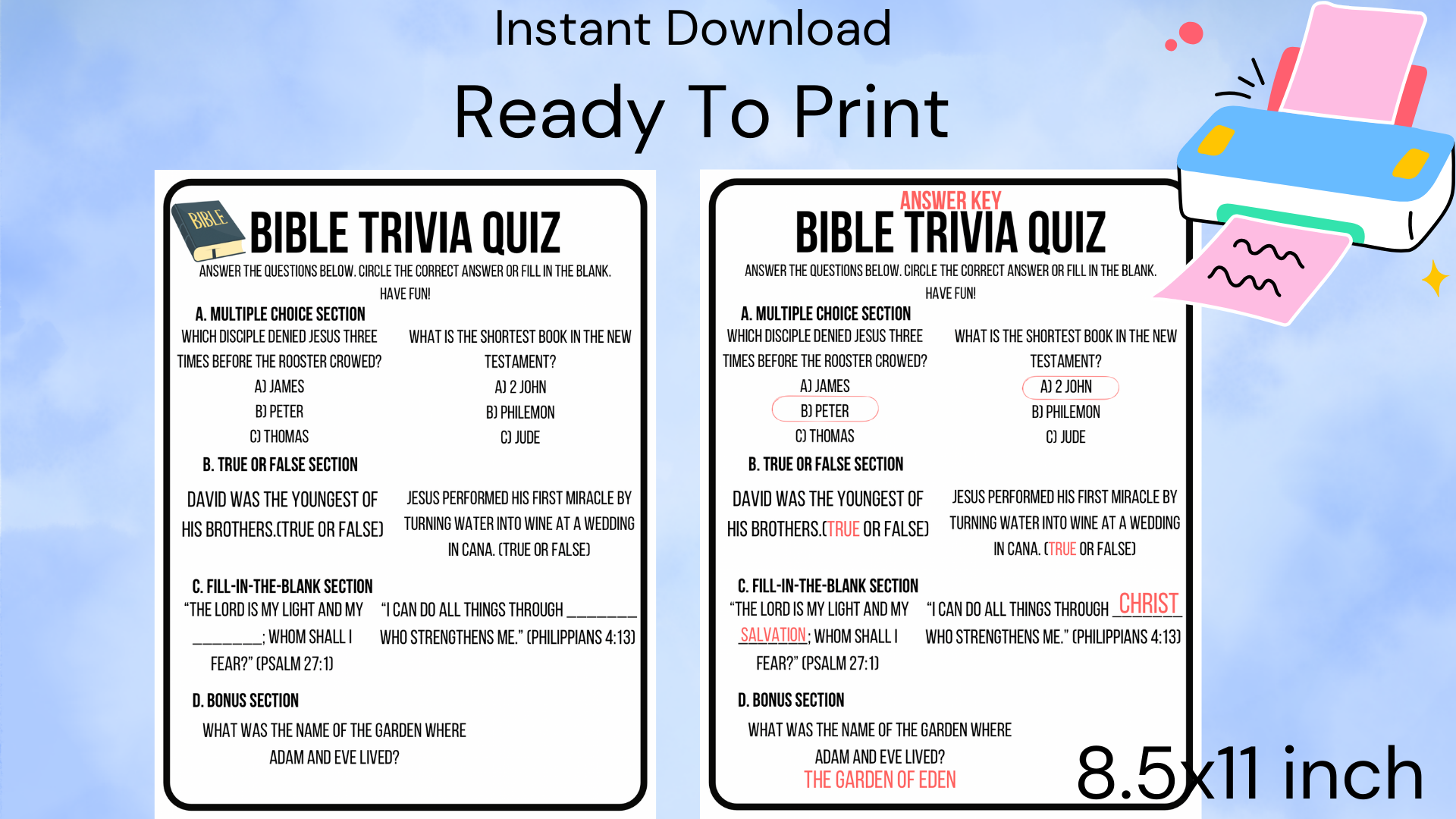 Bible Trivia Quiz Sheets Printable Bible Questions Answer Key Fun For All Ages Classful
