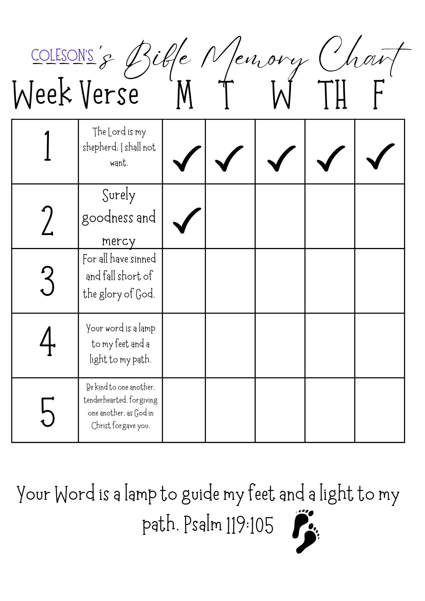 BLANK Bible Verse Memory Chart kids Bible Drill Christian School Weekly Report Bible School sunday School scripture Memory Chart Etsy