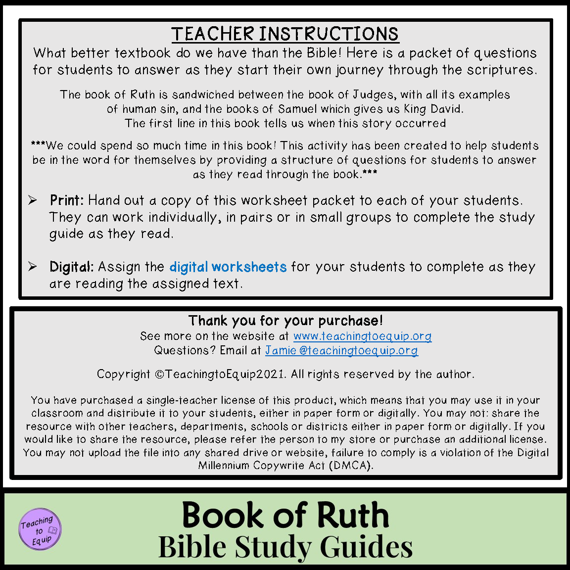 Book Of Ruth Bible Study Guide Worksheet Packet Classful