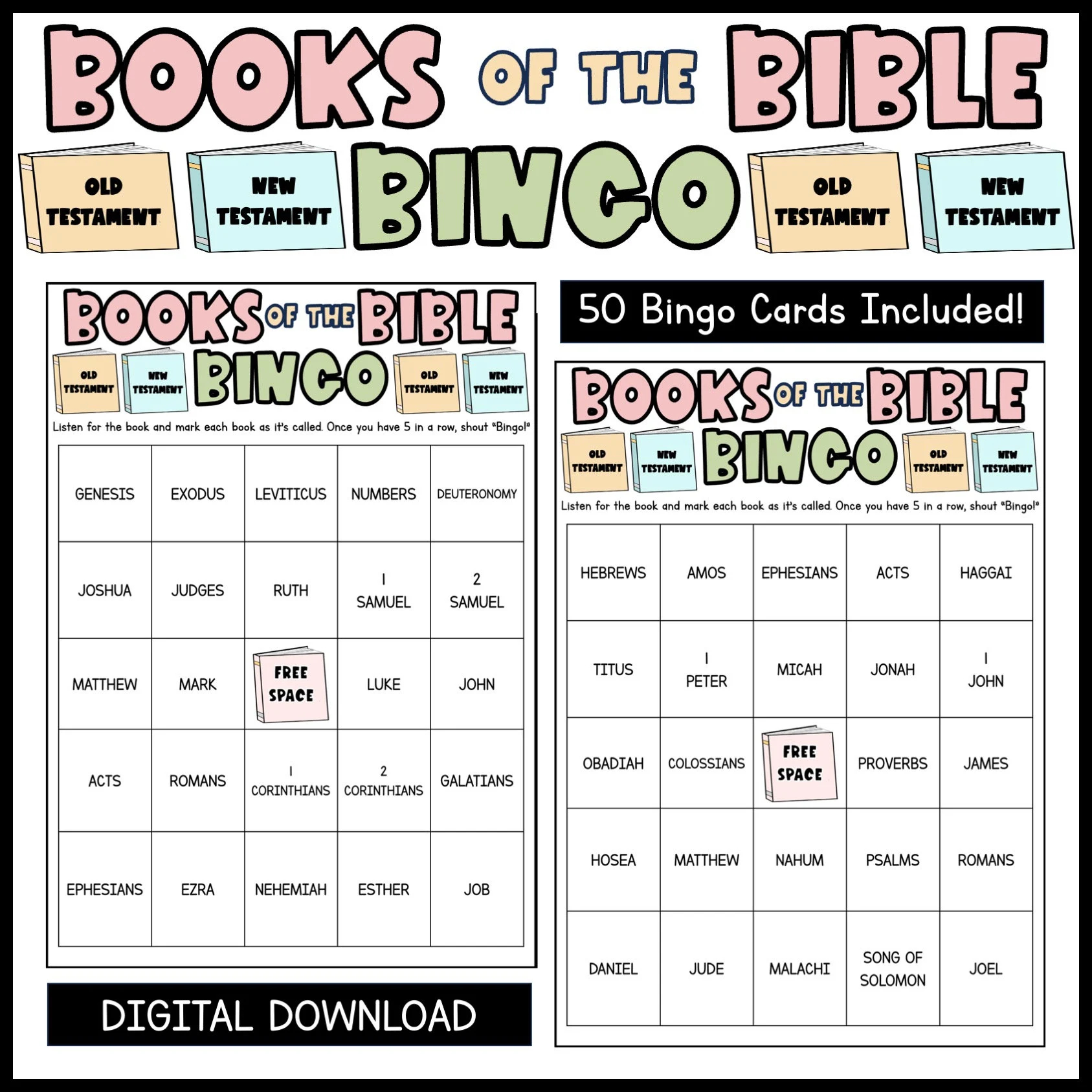 Books Of The Bible Bingo Cards Church Bingo Game Christian Bingo Game Bible Bingo Game Printable Bingo Cards 50 Cards Digital Download Etsy