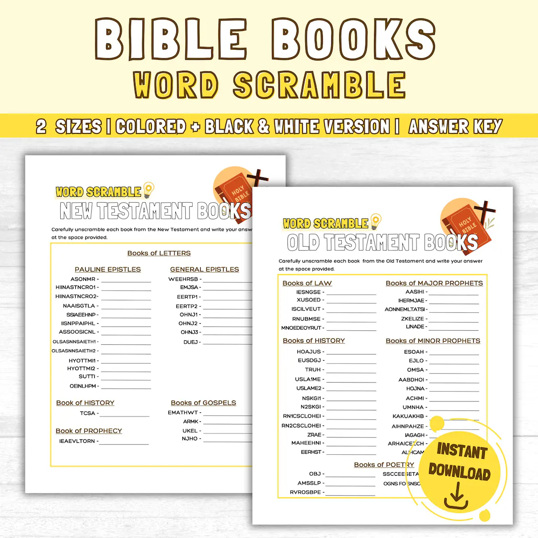 Books Of The Bible Word Scramble Old And New Testament Books Printable For Sunday School Bible Games Bible Puzzles For Kids And Adults Etsy