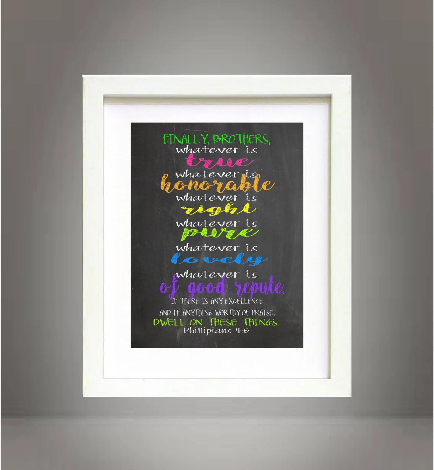 Chalkboard Style Bible Verse Scripture Sign Chalk Wall Art Print Digital Download Printable Phillipians 4 8 Christian Inspirational Poster