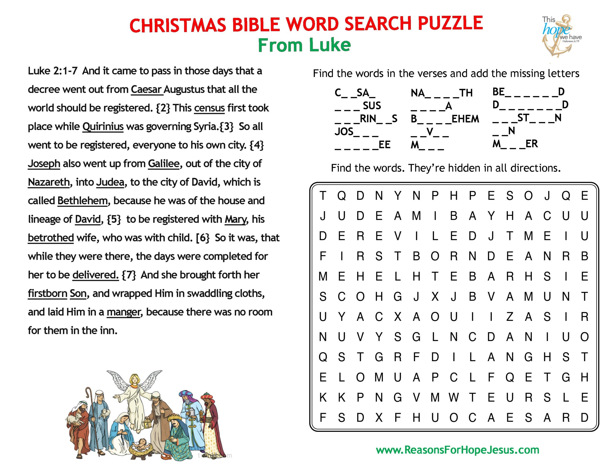 Christmas Word Search Puzzle From Luke Reasons For Hope Jesus