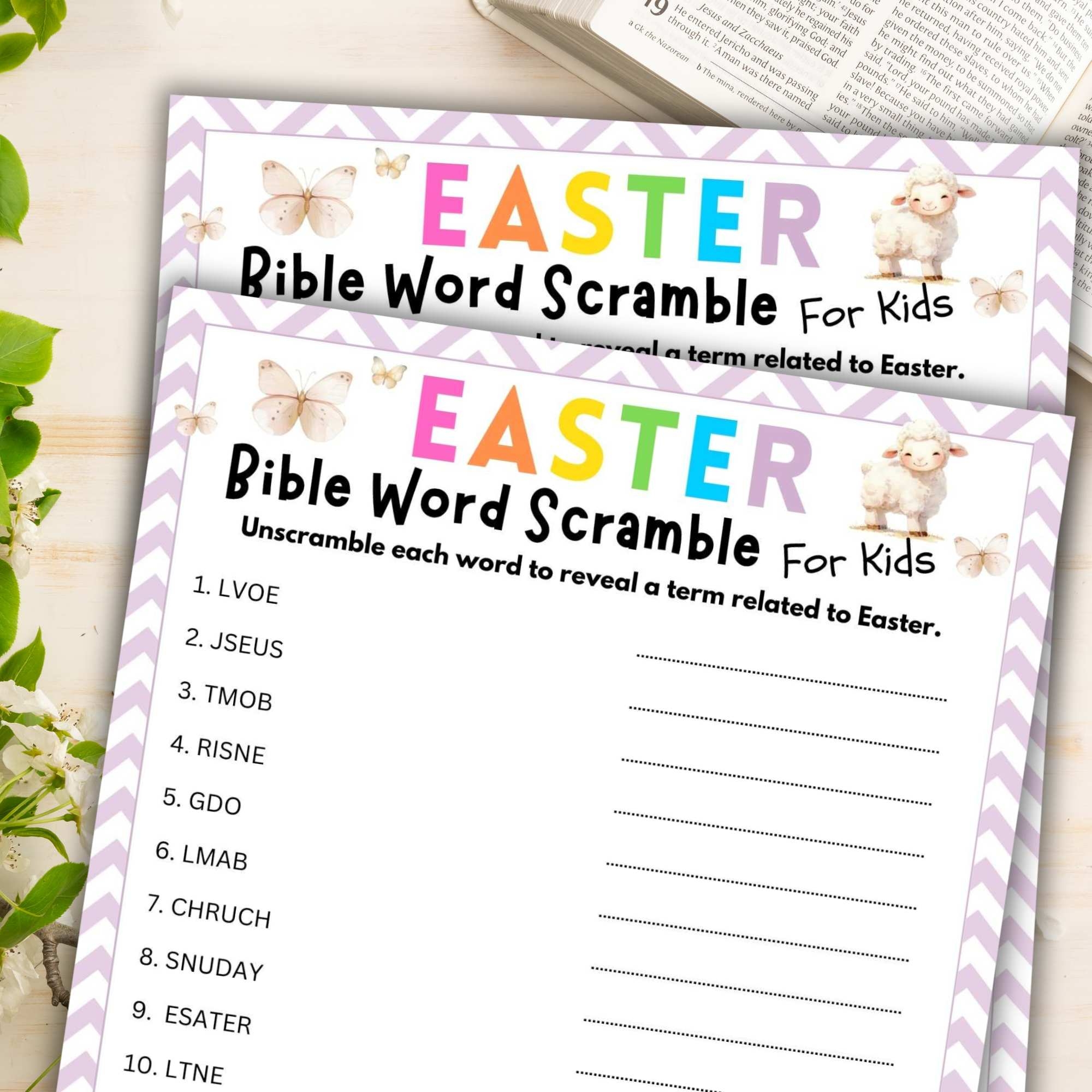 Easter Bible Word Scramble For Kids Lightly Sketched