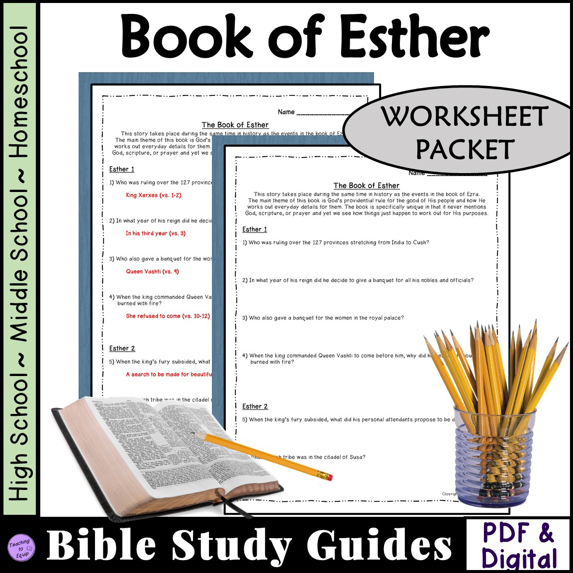 Esther Bible Study Questions Worksheet Packet Classful
