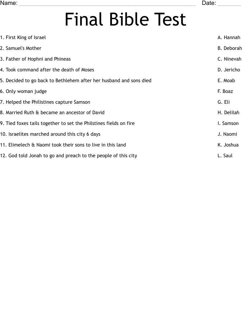 Final Bible Test Worksheet WordMint