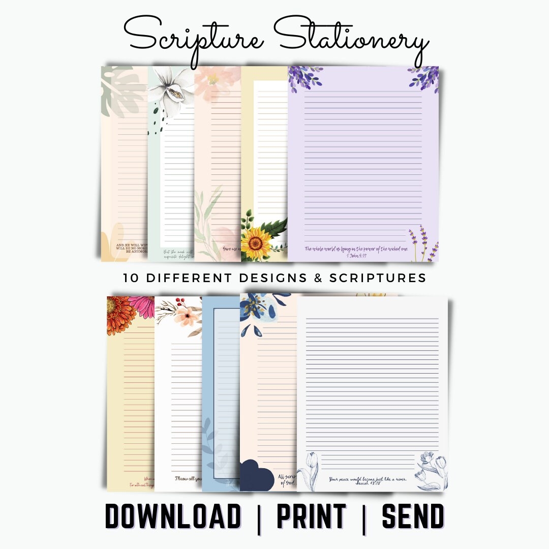 FREE Digital Bible Verse Stationery Pack 10 Designs LINED Unlined PDF Printables For Letter Writing Christian Scripture Printables Etsy