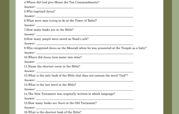 Free Printable Bible Trivia Quiz With Answer Key Worksheets Library