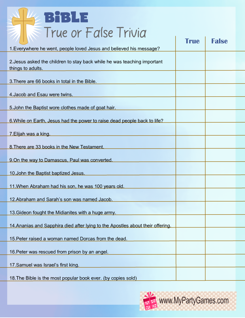 Free Printable Bible True Or False Trivia Quiz