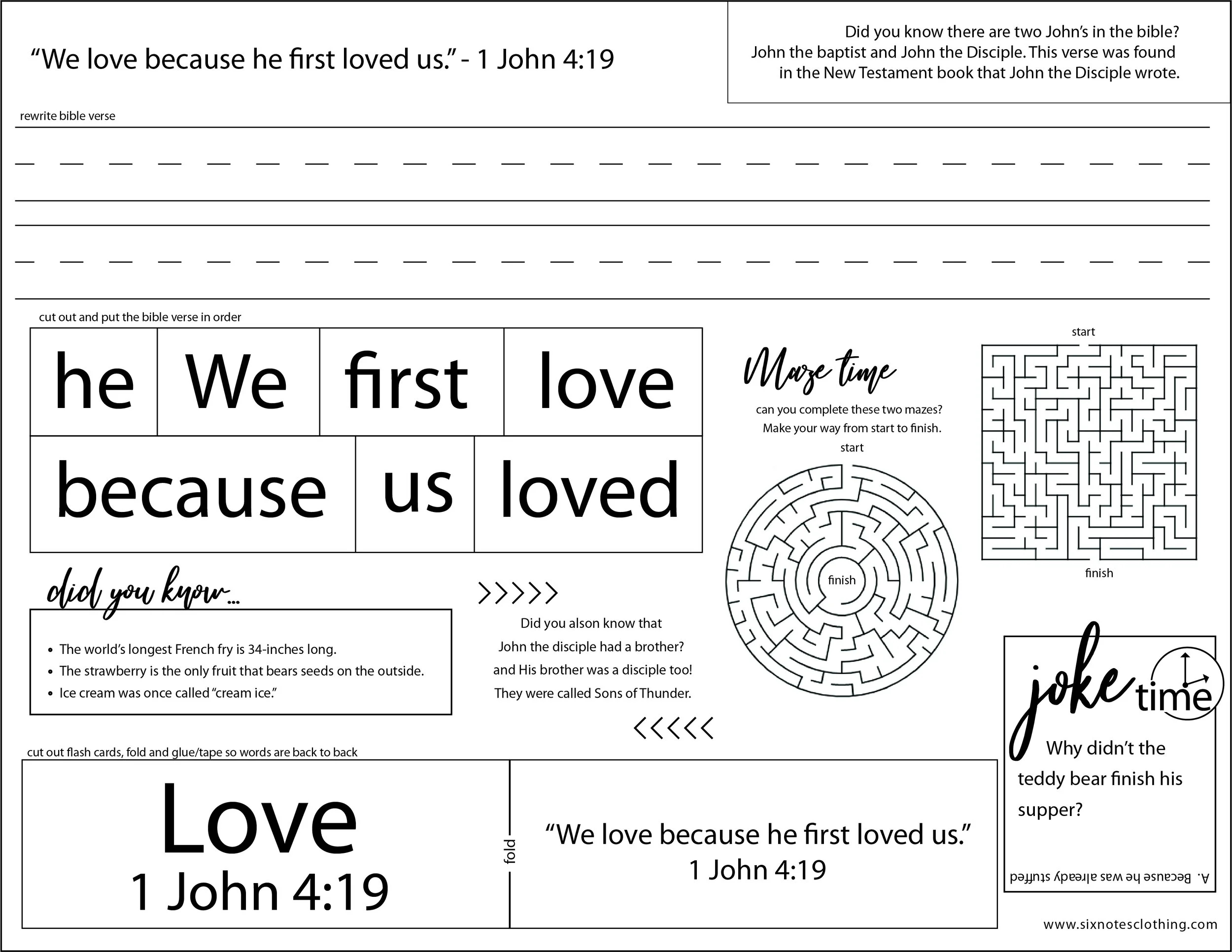 Fun Bible Verse Worksheets For Kids Six Notes Clothing