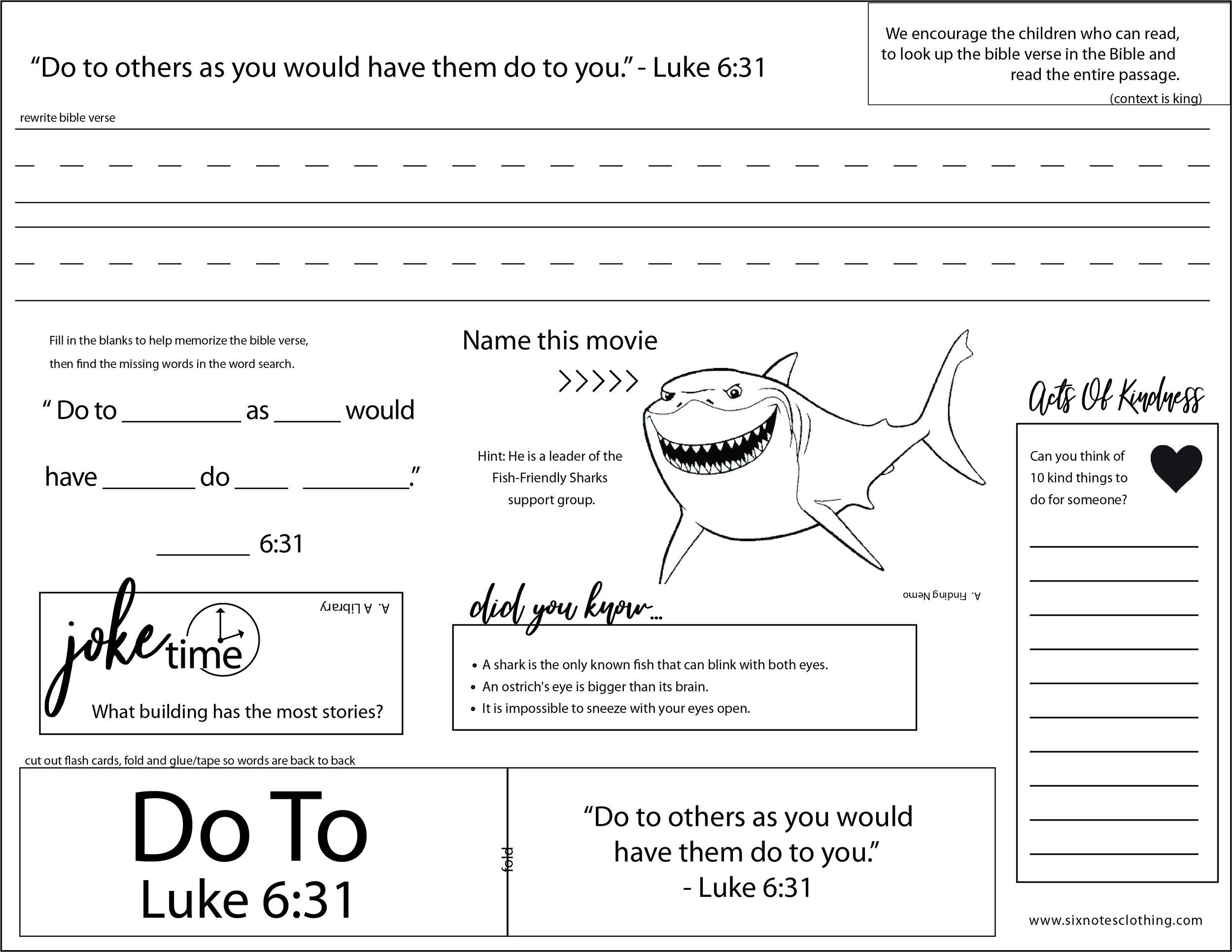 Fun Bible Verse Worksheets For Kids Six Notes Clothing