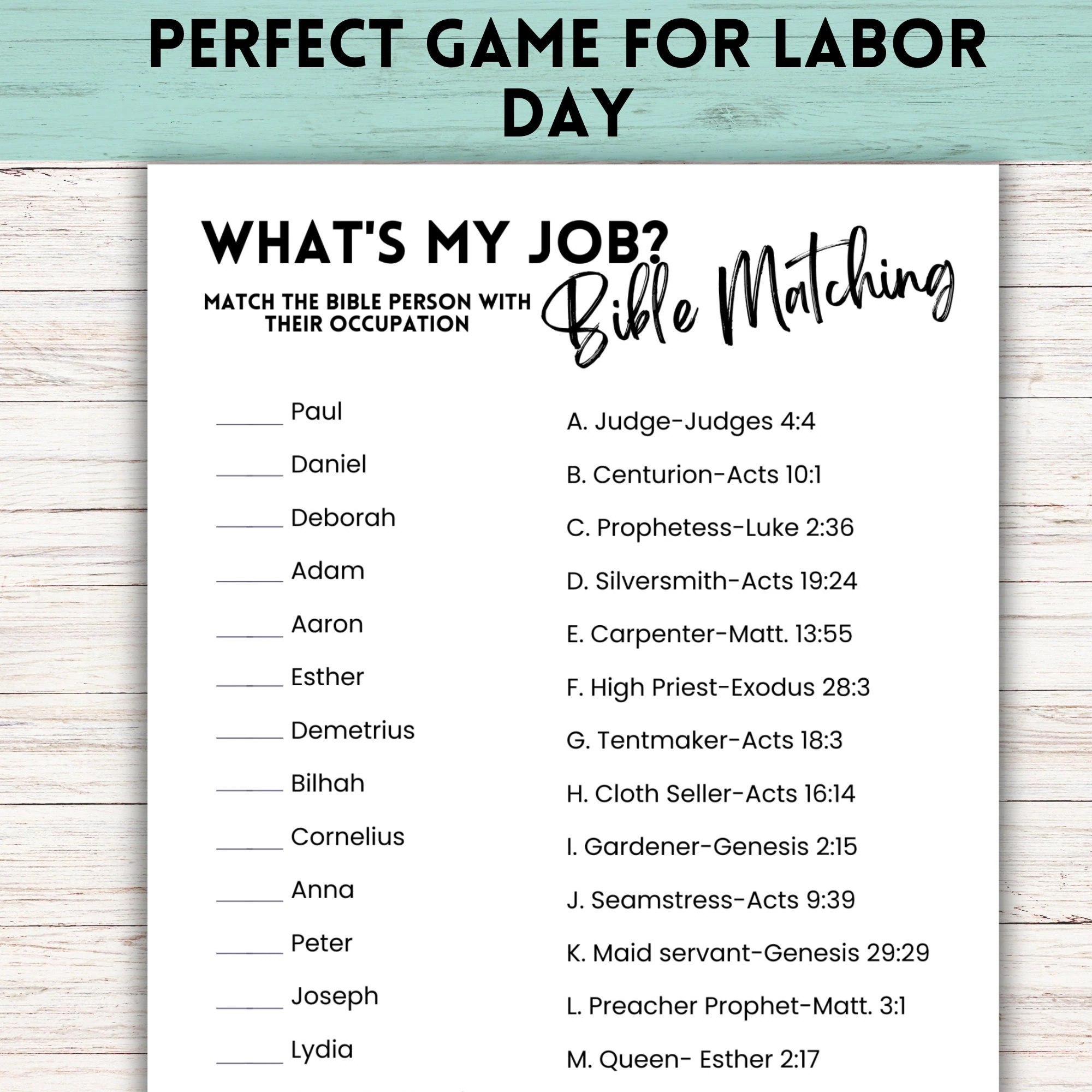 Jobs In The Bible Printable Matching Game For Church And Families Labor Day Sunday School Game Activity Match Bible People Occupations Etsy