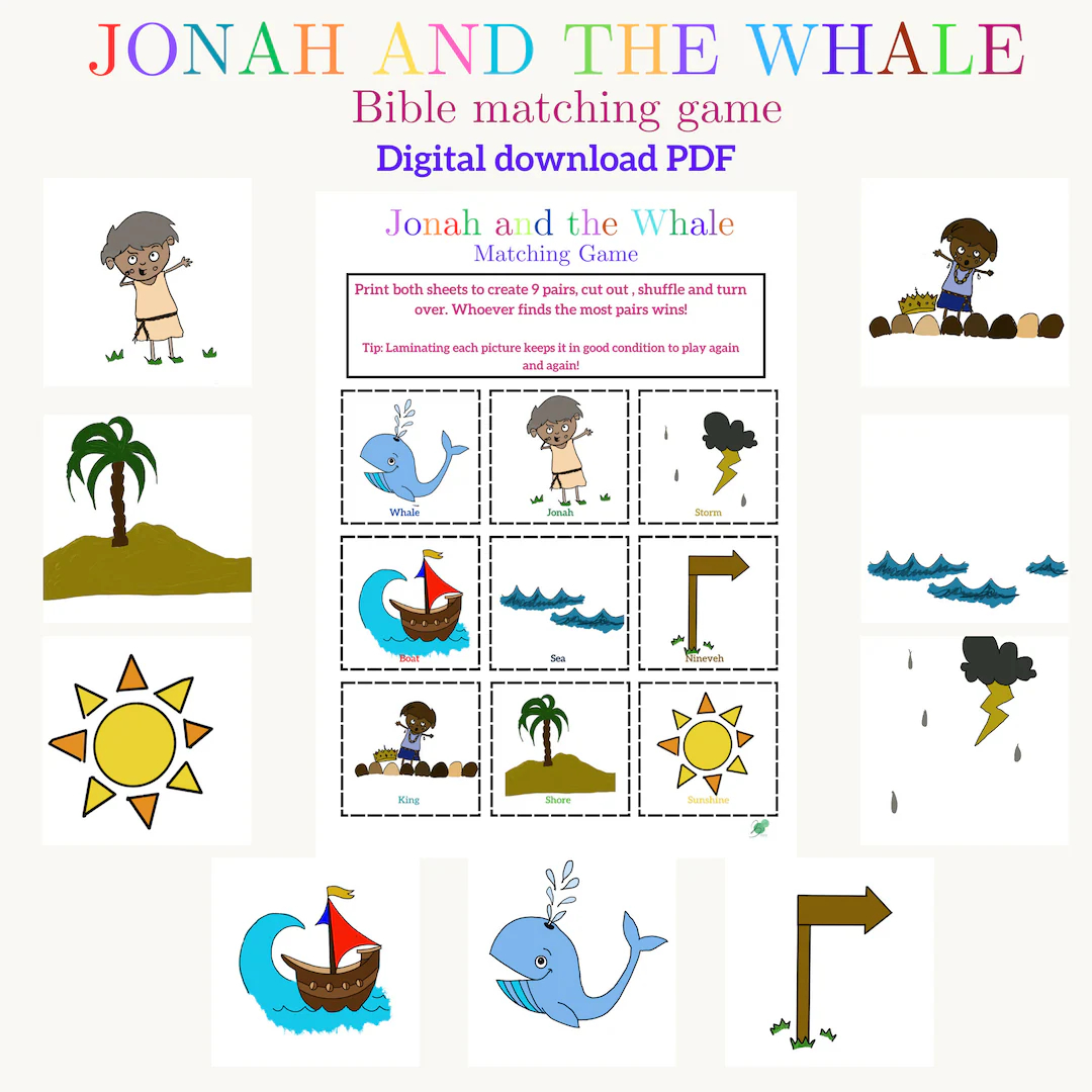 Jonah And The Whale Matching Game Printable Biblical Activities Christian Families Christian Homeschool Kids Bible Study Sunday School Etsy