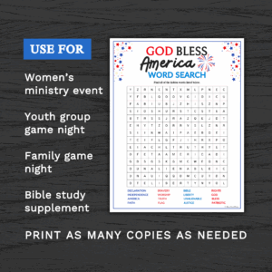July 4th God Bless America Word Search Printable For Church Kids Teens Adults Sunday School Ministry Homeschool Bible Group Learning Activity Classful